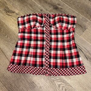 Guess Red and Black Plaid Strapless Top with Padding Front Closure XL